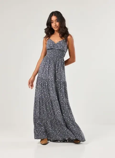 vestido longo azul florido